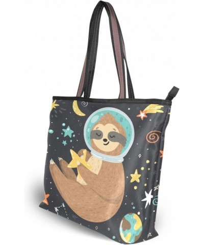 Womens Tote Bag, Sloth Astronaut Stars Moon Planets Ladies Zip Shoulder Handbags $12.00 Shoulder Bags