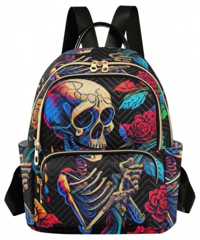 Women's Medium Fashion Backpack Skeleton Holds Rose Print Ladies Travel Daypack Aesthetic Shoulder Bag 11.4×6.1×14.1 IN $15.8...