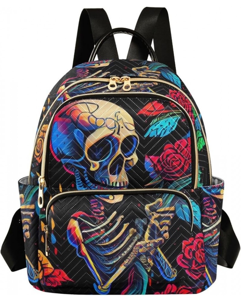 Women's Medium Fashion Backpack Skeleton Holds Rose Print Ladies Travel Daypack Aesthetic Shoulder Bag 11.4×6.1×14.1 IN $15.8...