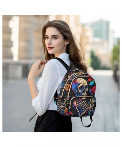 Women's Medium Fashion Backpack Skeleton Holds Rose Print Ladies Travel Daypack Aesthetic Shoulder Bag 11.4×6.1×14.1 IN $15.8...