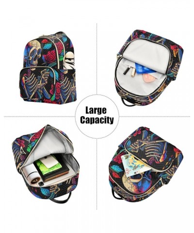 Women's Medium Fashion Backpack Skeleton Holds Rose Print Ladies Travel Daypack Aesthetic Shoulder Bag 11.4×6.1×14.1 IN $15.8...