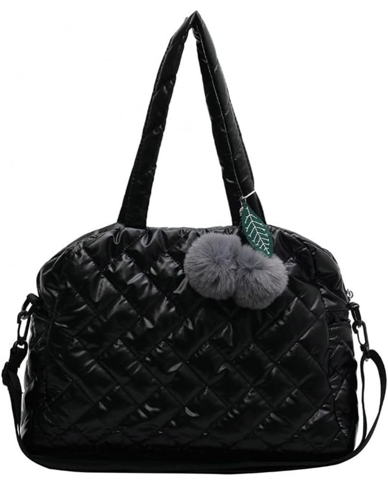 Puffer Tote Bag for Women Quilted Shoulder Bag with Pompom Vintage Hobo Handbag Satchel Purse Large Black $25.78 Totes