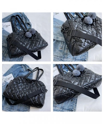 Puffer Tote Bag for Women Quilted Shoulder Bag with Pompom Vintage Hobo Handbag Satchel Purse Large Black $25.78 Totes