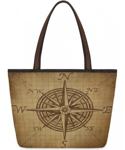 Women Tote Bag Large Handbag Vintage Compass Pattern Shoulder Bag Zippered Satchel Purse for Work Travel Beach Bag $13.49 Sat...