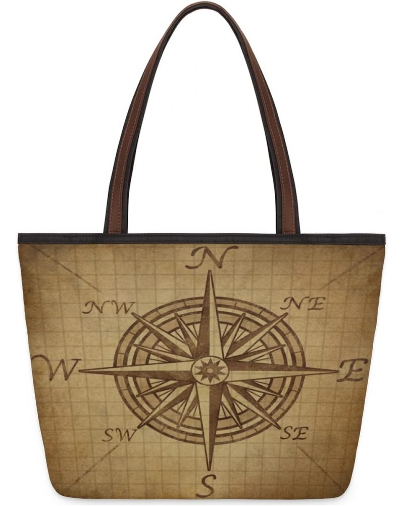 Women Tote Bag Large Handbag Vintage Compass Pattern Shoulder Bag Zippered Satchel Purse for Work Travel Beach Bag $13.49 Sat...