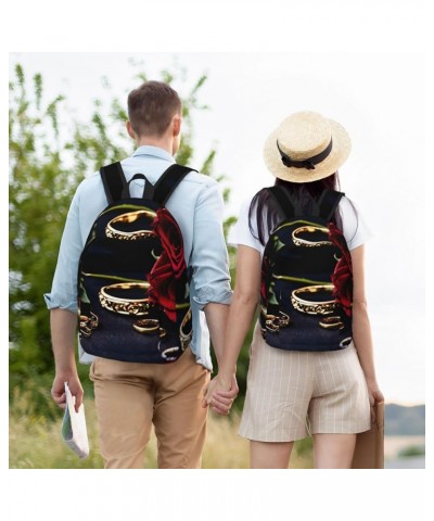 Red Rose Print Casual Double Shoulder Daypack,Anti-Theft Travel Canvas Backpack For Men And Women Black Medium $22.45 Backpacks