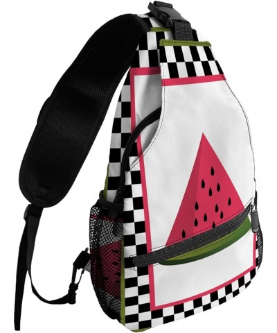 Sling Bag Crossbody Bag for Women Men Summer Watermelon Black White Buffalo Plaid Wood Grain Waterproof Hiking Backpack Light...