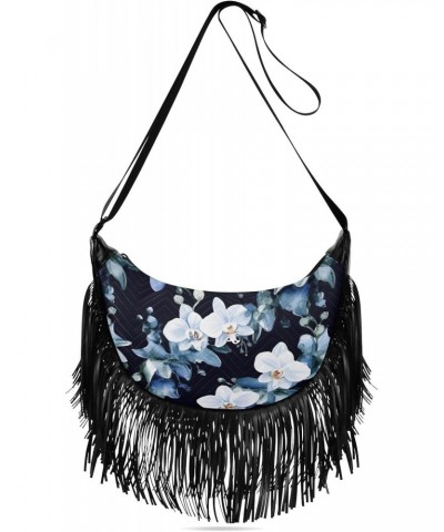 White Flowers on A Black Background Tassel Crossbody Bag with Adjustable Strap and Zipper Crossbody Handbag for Women $14.27 ...