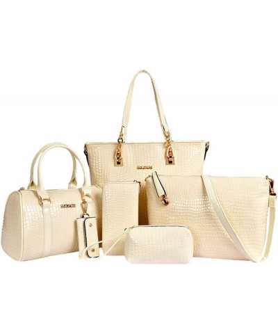 6-PC Women Handbag+Shoulder Bag+Crossbody Bag+Purse+Clutch+Key Bag Crocodile Pattern Top-Handle Tote Fashion Satchel White $4...