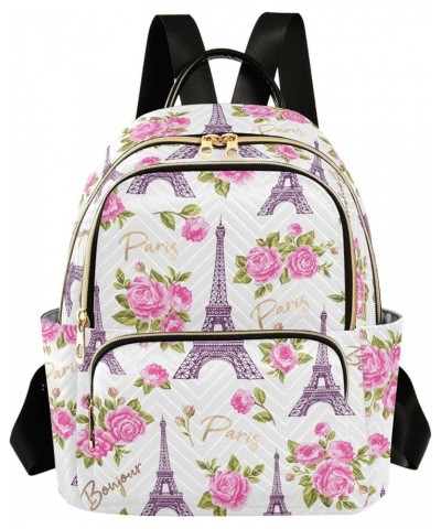 Bonjour Paris Eiffel Tower Pink Roses Flowers Women Backpack Purse Shoulder Bag Color Small $14.19 Backpacks