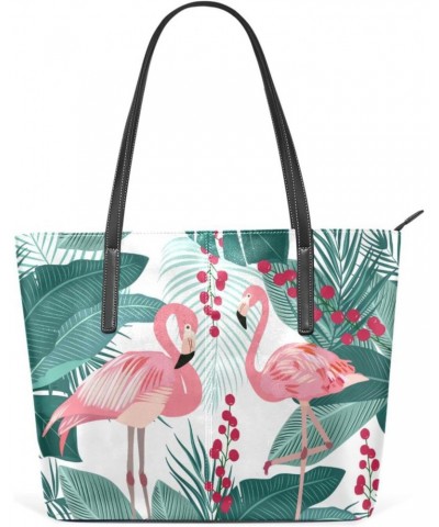 Palm Leaves Tropical Flamingo Tote Bag with Zipper PU Leather Handbags for Women Top Handle Ladies Shoulder Bag with External...