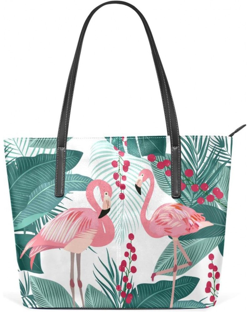 Palm Leaves Tropical Flamingo Tote Bag with Zipper PU Leather Handbags for Women Top Handle Ladies Shoulder Bag with External...