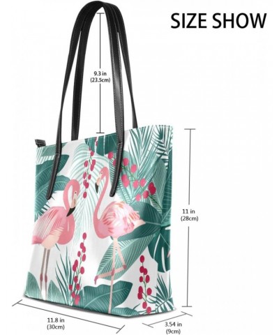 Palm Leaves Tropical Flamingo Tote Bag with Zipper PU Leather Handbags for Women Top Handle Ladies Shoulder Bag with External...