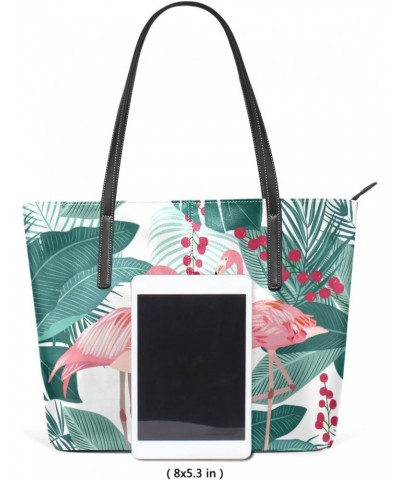 Palm Leaves Tropical Flamingo Tote Bag with Zipper PU Leather Handbags for Women Top Handle Ladies Shoulder Bag with External...