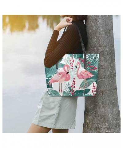 Palm Leaves Tropical Flamingo Tote Bag with Zipper PU Leather Handbags for Women Top Handle Ladies Shoulder Bag with External...