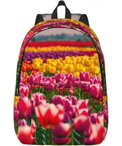 Colorful Tulips Print Casual Double Shoulder Daypack,Anti-Theft Travel Canvas Backpack For Men And Women Black Small $21.43 B...