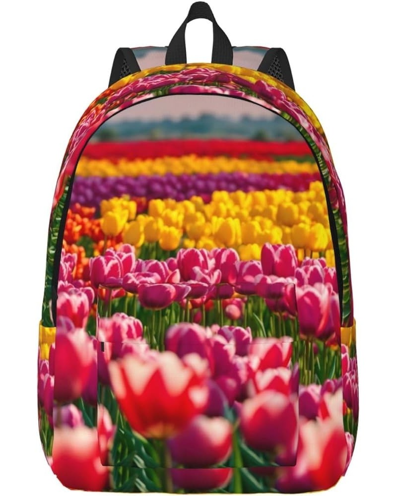 Colorful Tulips Print Casual Double Shoulder Daypack,Anti-Theft Travel Canvas Backpack For Men And Women Black Small $21.43 B...