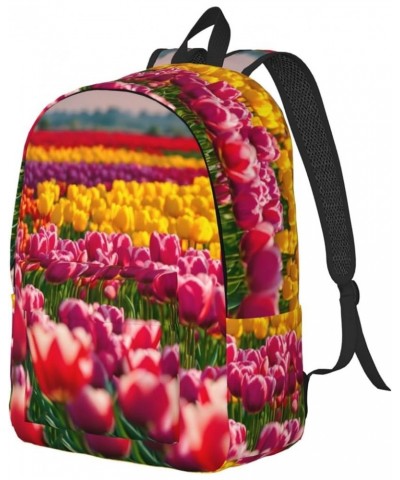 Colorful Tulips Print Casual Double Shoulder Daypack,Anti-Theft Travel Canvas Backpack For Men And Women Black Small $21.43 B...