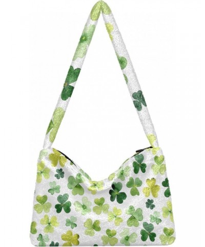 St. Patrick's Day Clover Furry Tote Bag for Women Crossbody Bag Shoulder Purses Shopping Work Bag with Zipper for Winter Fall...