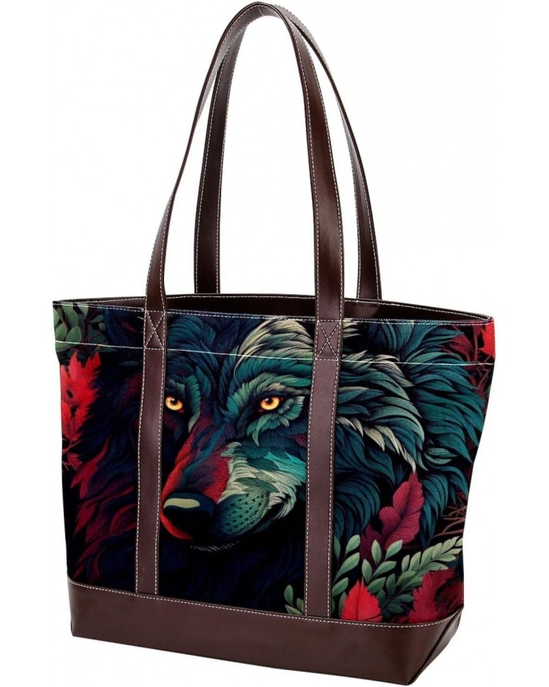 Wolf Canvas Leather Mix Handbag - 13.3x4.7x12.2 in - Durable and Stylish Women's Shoulder Bag $28.79 Totes