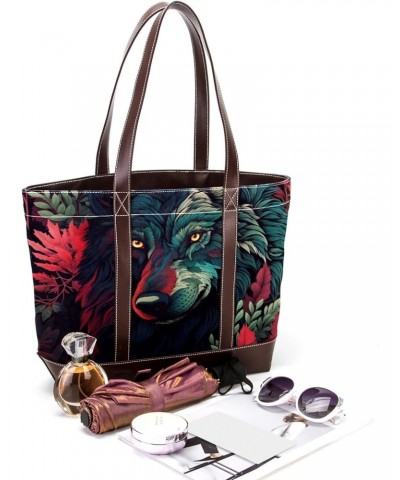 Wolf Canvas Leather Mix Handbag - 13.3x4.7x12.2 in - Durable and Stylish Women's Shoulder Bag $28.79 Totes