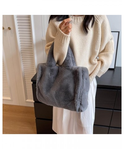 Soft Furry Tote Handbag Cute Fuzzy Satchel Bag Women Plush Shoulder Bag Trendy Large Capacity Travel Work Bag Grey $13.44 Totes