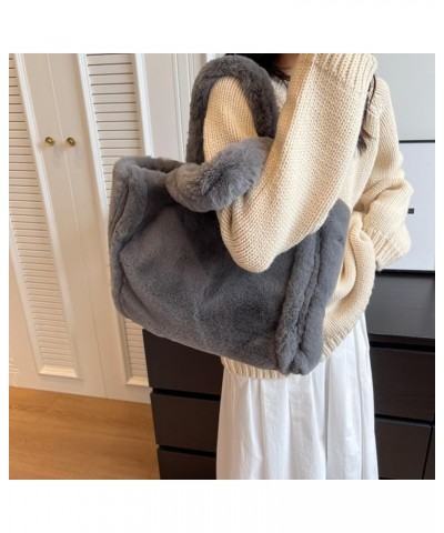 Soft Furry Tote Handbag Cute Fuzzy Satchel Bag Women Plush Shoulder Bag Trendy Large Capacity Travel Work Bag Grey $13.44 Totes