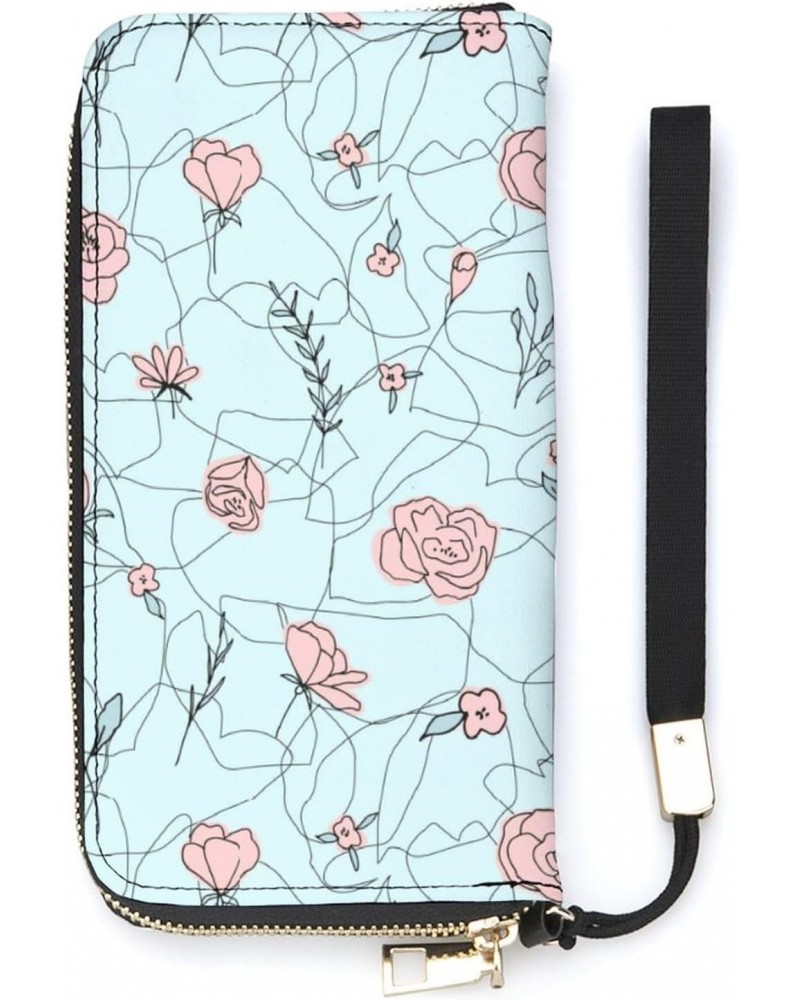 Blue Pattern, Pink Flower Leather Wristlet Clutch Wallet Small Pouch Bag with Strap Leather Wallet Vertical Metal Zipper $21....