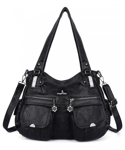 Purses and Handbags Women Tote Shoulder Top Handle Satchel Hobo Bags Fashion Washed Leather Purse 1-1black $19.35 Handbags