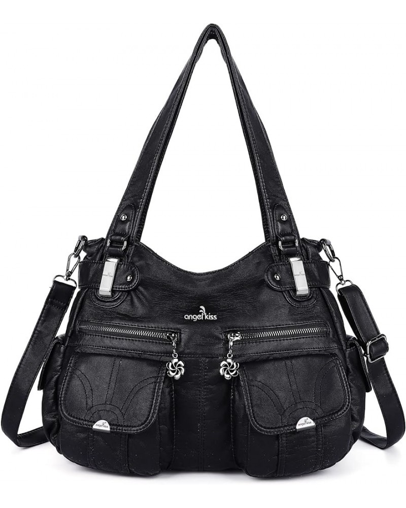 Purses and Handbags Women Tote Shoulder Top Handle Satchel Hobo Bags Fashion Washed Leather Purse 1-1black $19.35 Handbags