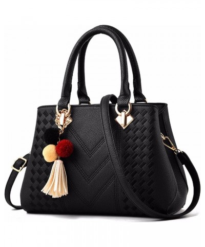 Womens Leather Handbags Purses Top-handle Totes Satchel Shoulder Bag for Ladies with Pompon and Tassel Black $22.21 Totes