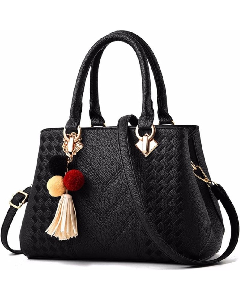 Womens Leather Handbags Purses Top-handle Totes Satchel Shoulder Bag for Ladies with Pompon and Tassel Black $22.21 Totes