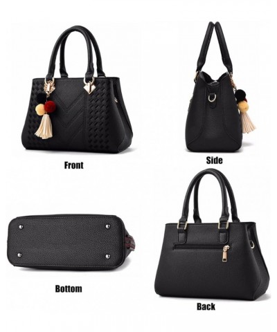 Womens Leather Handbags Purses Top-handle Totes Satchel Shoulder Bag for Ladies with Pompon and Tassel Black $22.21 Totes