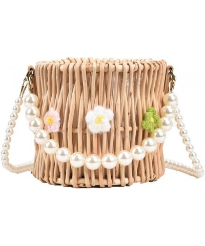 Summer Rattan Bag Mini Pearl Chain Bag Crossbody Bucket Bag Beach Bag Cottagecore Style (round pearl shoulder chain) Round Pe...