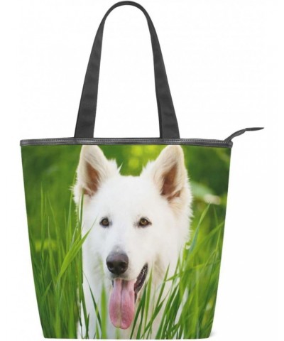 Tote Bag Smile Dog on Grass Canvas Zippered Tote Handbag for Women with 2 Interior Pockets $12.18 Totes