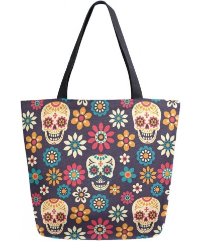 Large Canvas Tote Bag Day Of The Dead Sugar Skulls And Flowers Shopping Shoulder Handbag with Small Zippered Pocket $10.78 Sh...