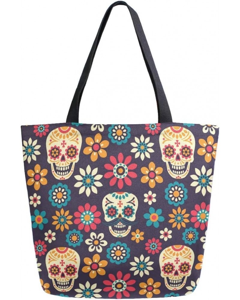 Large Canvas Tote Bag Day Of The Dead Sugar Skulls And Flowers Shopping Shoulder Handbag with Small Zippered Pocket $10.78 Sh...