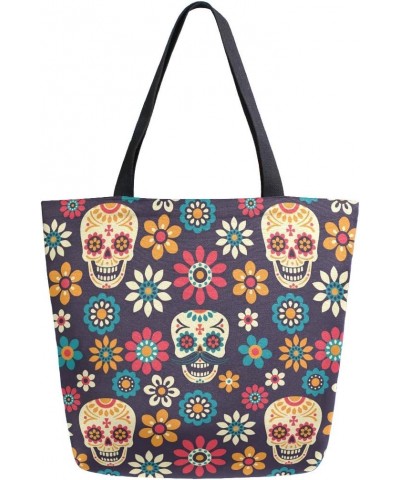 Large Canvas Tote Bag Day Of The Dead Sugar Skulls And Flowers Shopping Shoulder Handbag with Small Zippered Pocket $10.78 Sh...