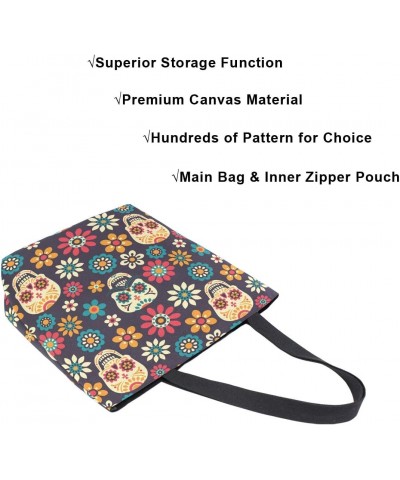 Large Canvas Tote Bag Day Of The Dead Sugar Skulls And Flowers Shopping Shoulder Handbag with Small Zippered Pocket $10.78 Sh...