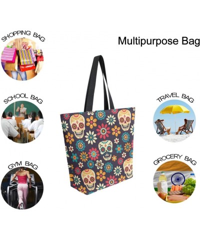 Large Canvas Tote Bag Day Of The Dead Sugar Skulls And Flowers Shopping Shoulder Handbag with Small Zippered Pocket $10.78 Sh...