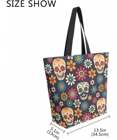 Large Canvas Tote Bag Day Of The Dead Sugar Skulls And Flowers Shopping Shoulder Handbag with Small Zippered Pocket $10.78 Sh...