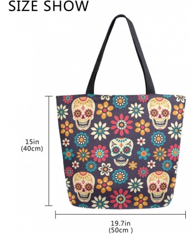 Large Canvas Tote Bag Day Of The Dead Sugar Skulls And Flowers Shopping Shoulder Handbag with Small Zippered Pocket $10.78 Sh...