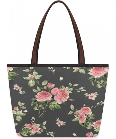 Floral Flower Rose Pattern Large Tote Bag For Women Shoulder Handbags with Zippper Top Handle Satchel Bags for Shopping Trave...