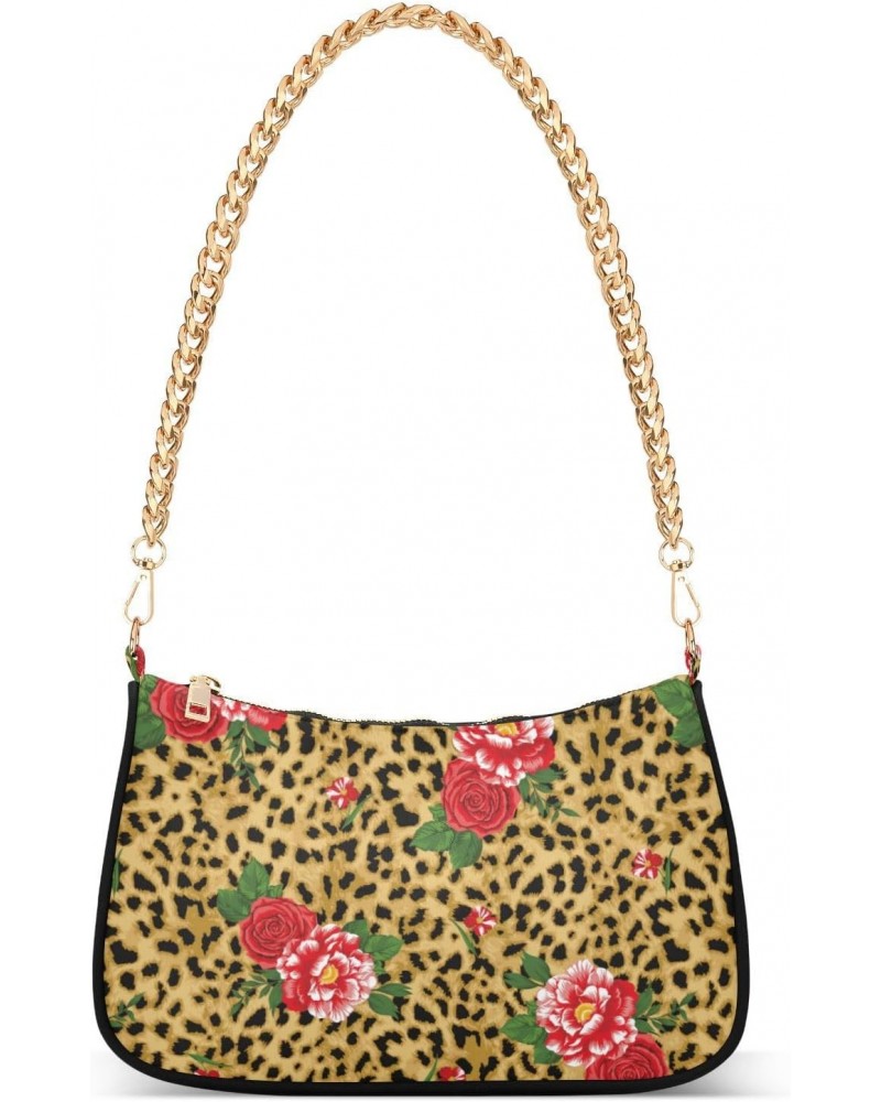 Rose Leopard Shoulder Bag for Women Clutch Shoulder Purse Chain Bag with Zipper Closure Women's Tote Hobo Handbags Shoulder B...