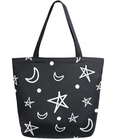 Abstract Moon Star Witchy Large Canvas Tote Bag Shopping Shoulder Handbag with Small Zippered Pocket $11.65 Totes