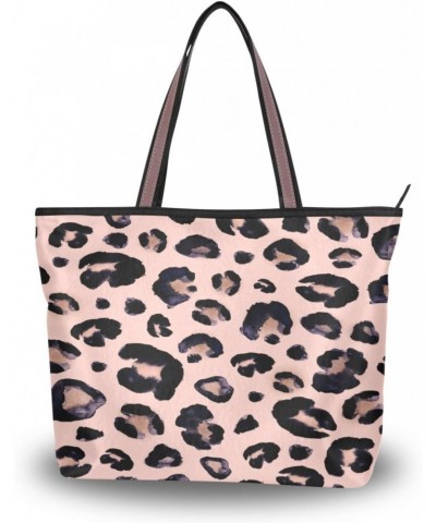 Womens Tote Bag, Watercolor Animal Snow Leopard Pink Beige Ladies Zip Shoulder Handbags $12.23 Shoulder Bags