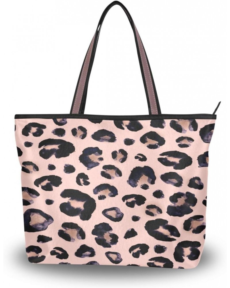 Womens Tote Bag, Watercolor Animal Snow Leopard Pink Beige Ladies Zip Shoulder Handbags $12.23 Shoulder Bags