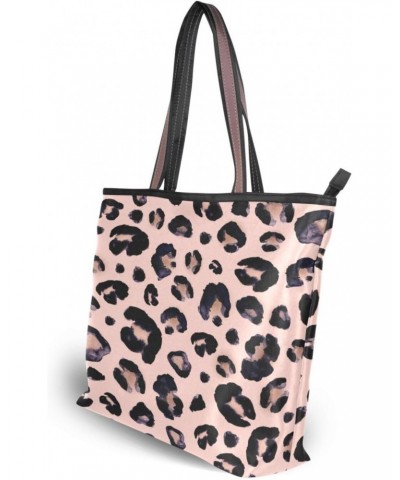 Womens Tote Bag, Watercolor Animal Snow Leopard Pink Beige Ladies Zip Shoulder Handbags $12.23 Shoulder Bags