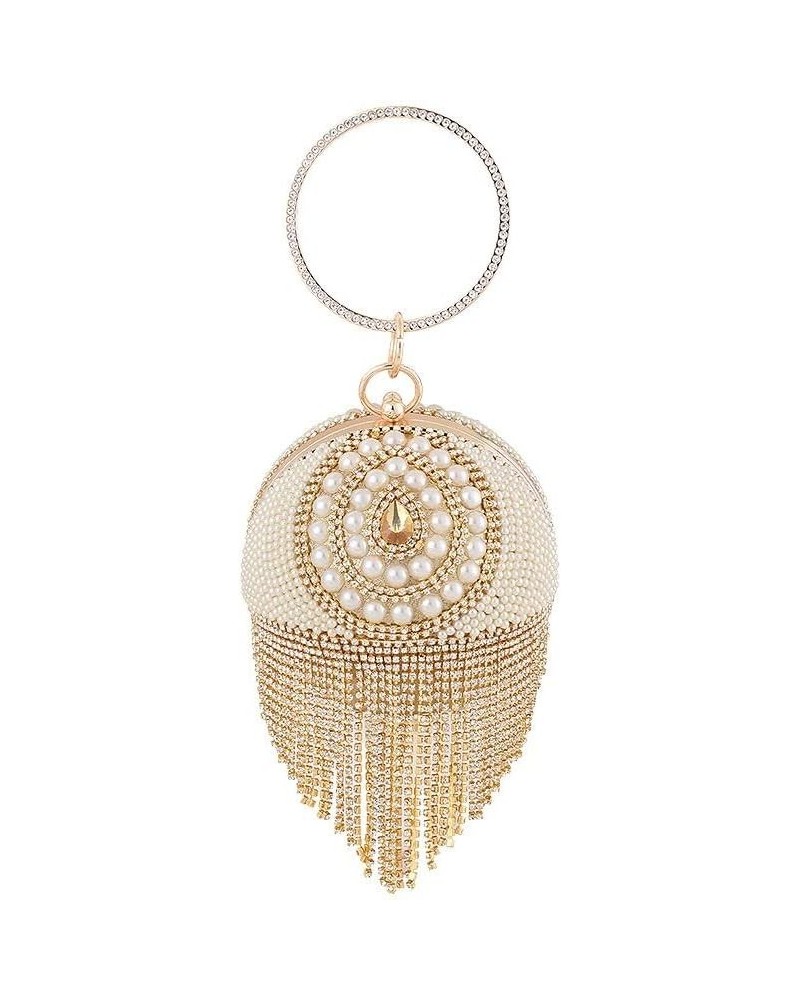 Dazzling Crystal Tassel Women's Evening Bag Round Wedding Cocktail Wrist Handbag Purse Ball Evening Bag (Gold 1) Gold+pearl $...