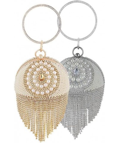 Dazzling Crystal Tassel Women's Evening Bag Round Wedding Cocktail Wrist Handbag Purse Ball Evening Bag (Gold 1) Gold+pearl $...